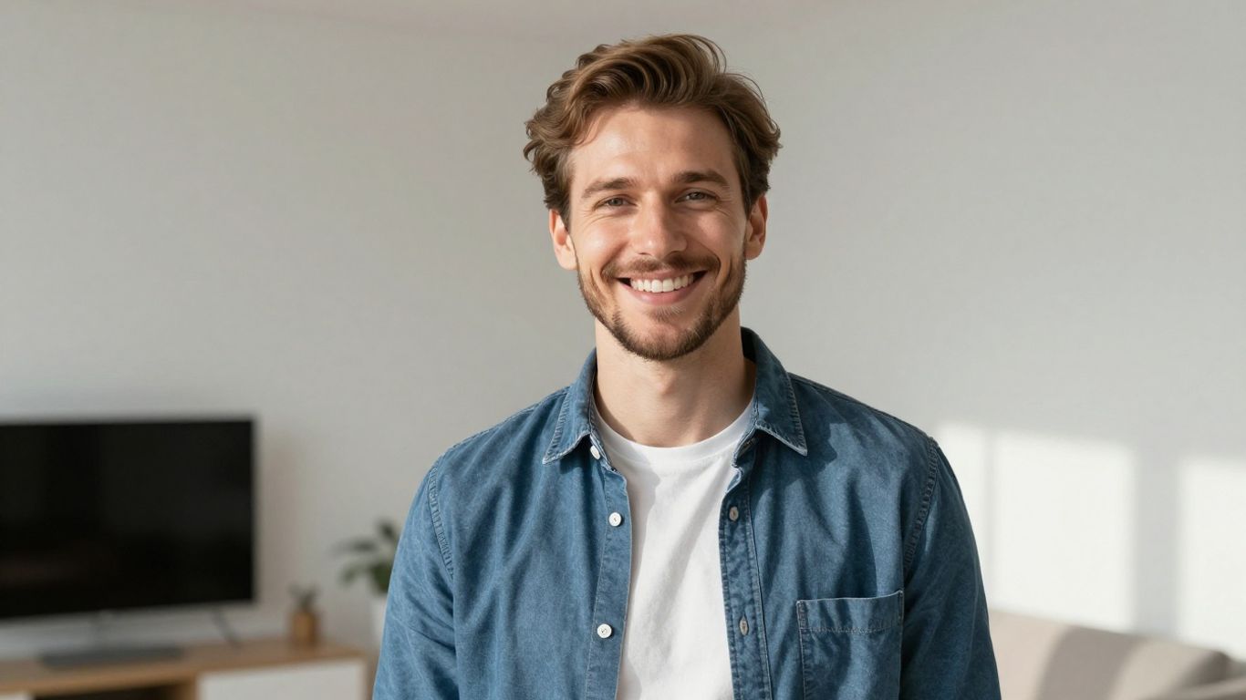 Lächelnde Person in hellem, modernem Raum