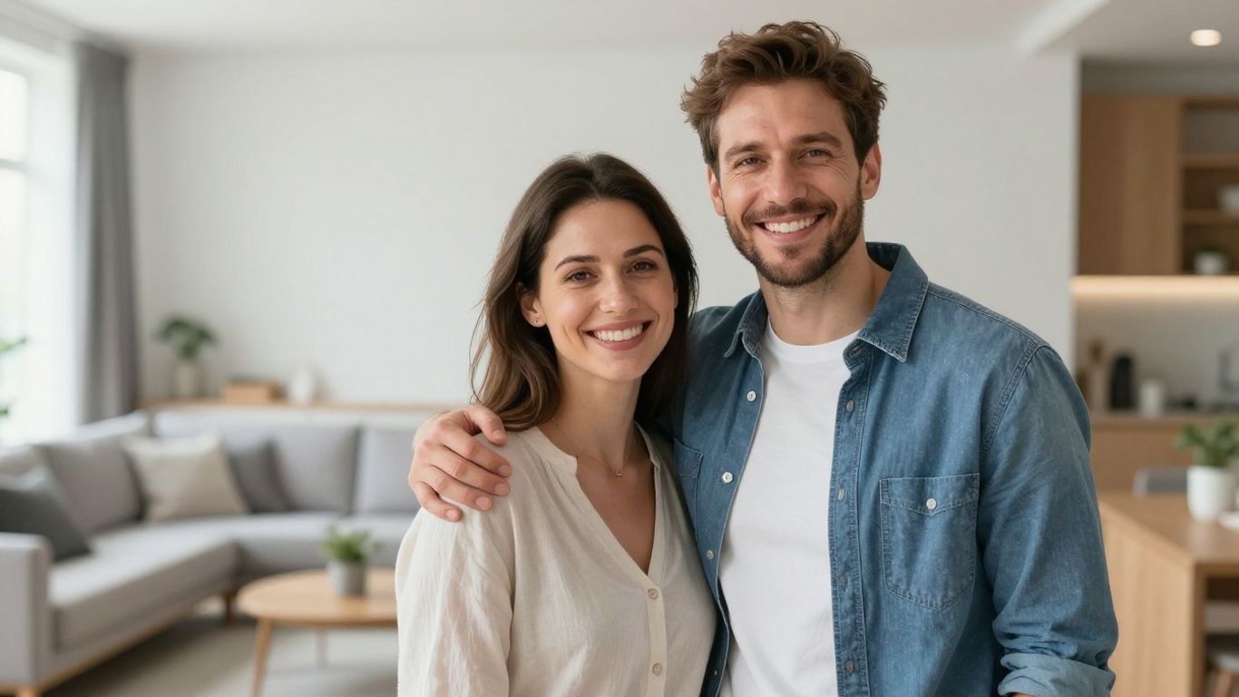 Glückliches Paar in moderner Wohnung