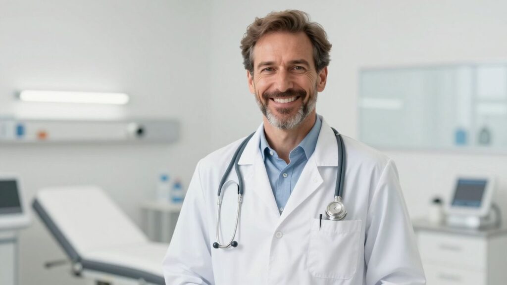 Arzt lächelt in heller, moderner Klinikumgebung.