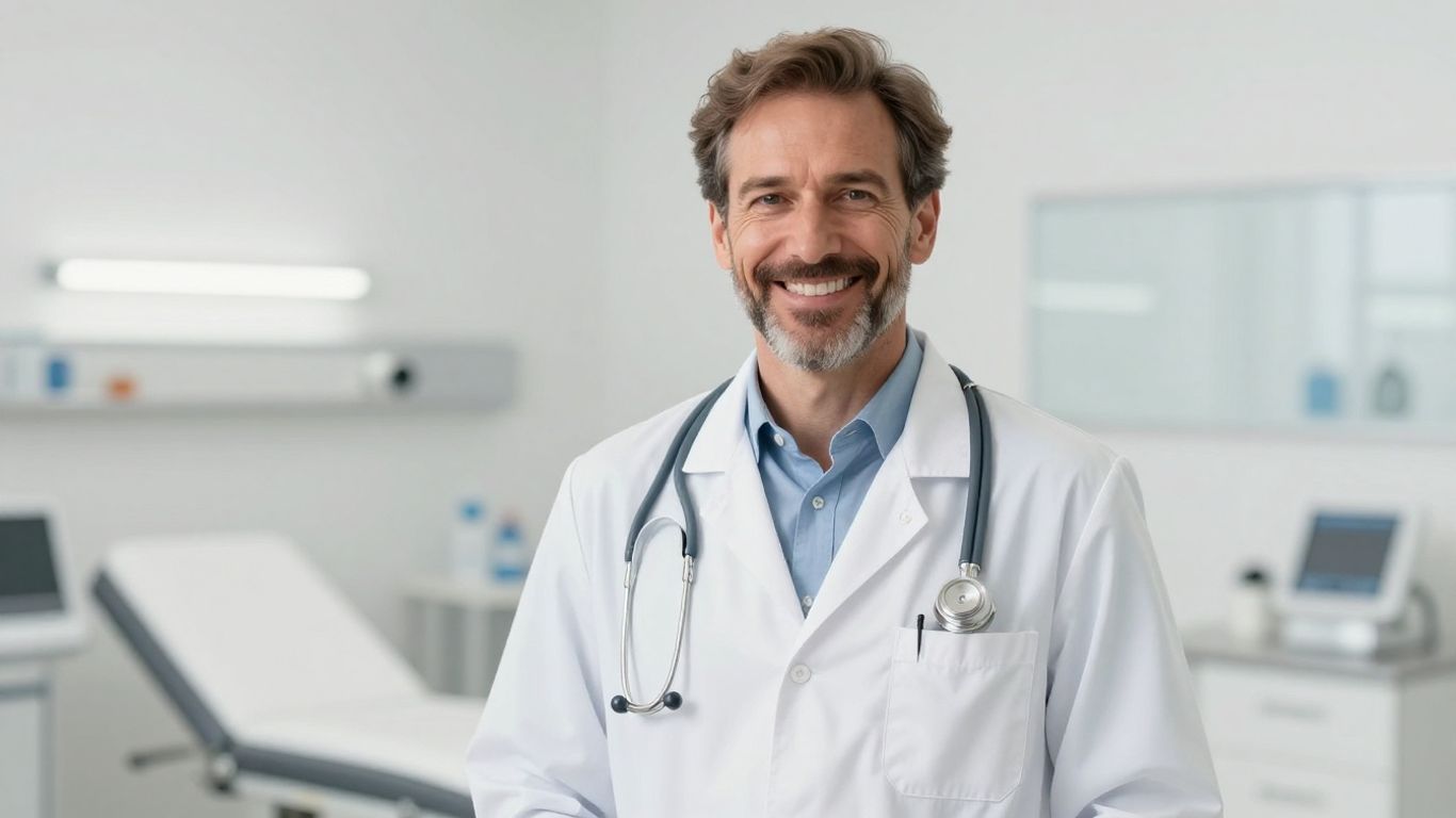 Arzt lächelt in heller, moderner Klinikumgebung.