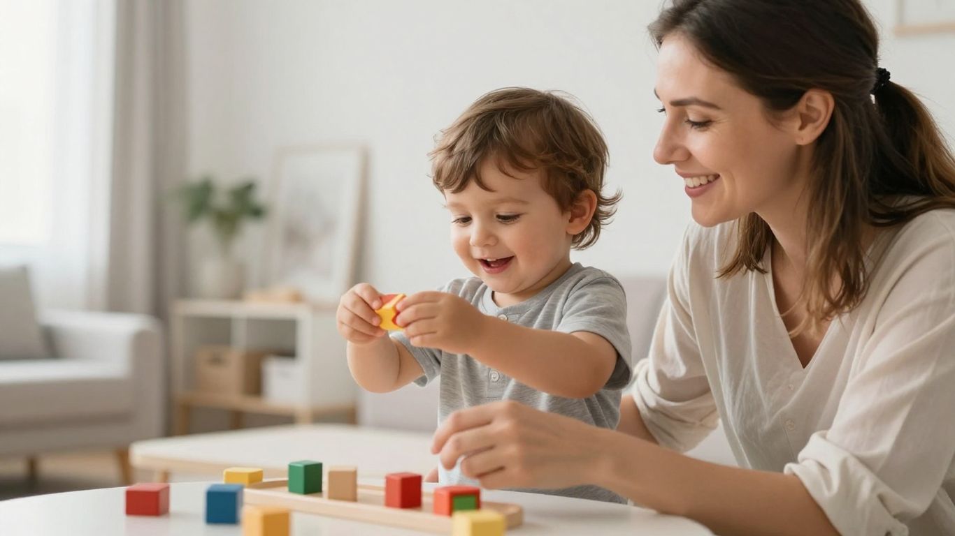 Glückliche Familie mit Kind in heller Wohnung