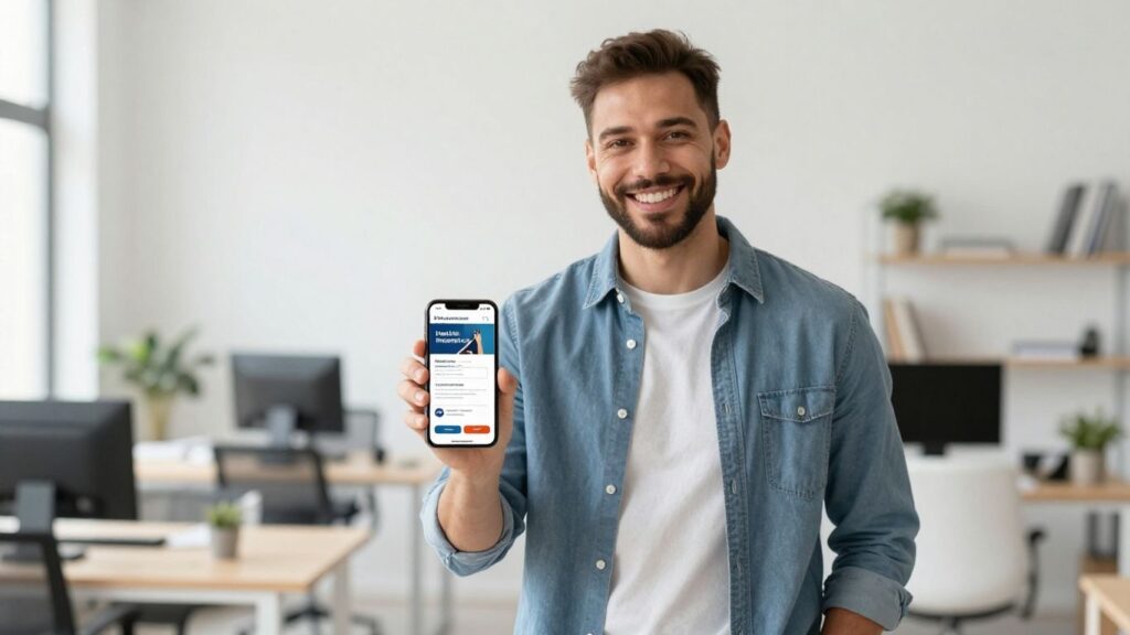 Glückliche Person wechselt online Krankenkasse auf Smartphone