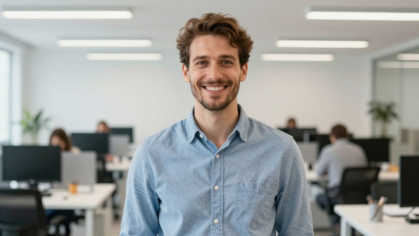 Freiberufler lächelt in hellem Büro