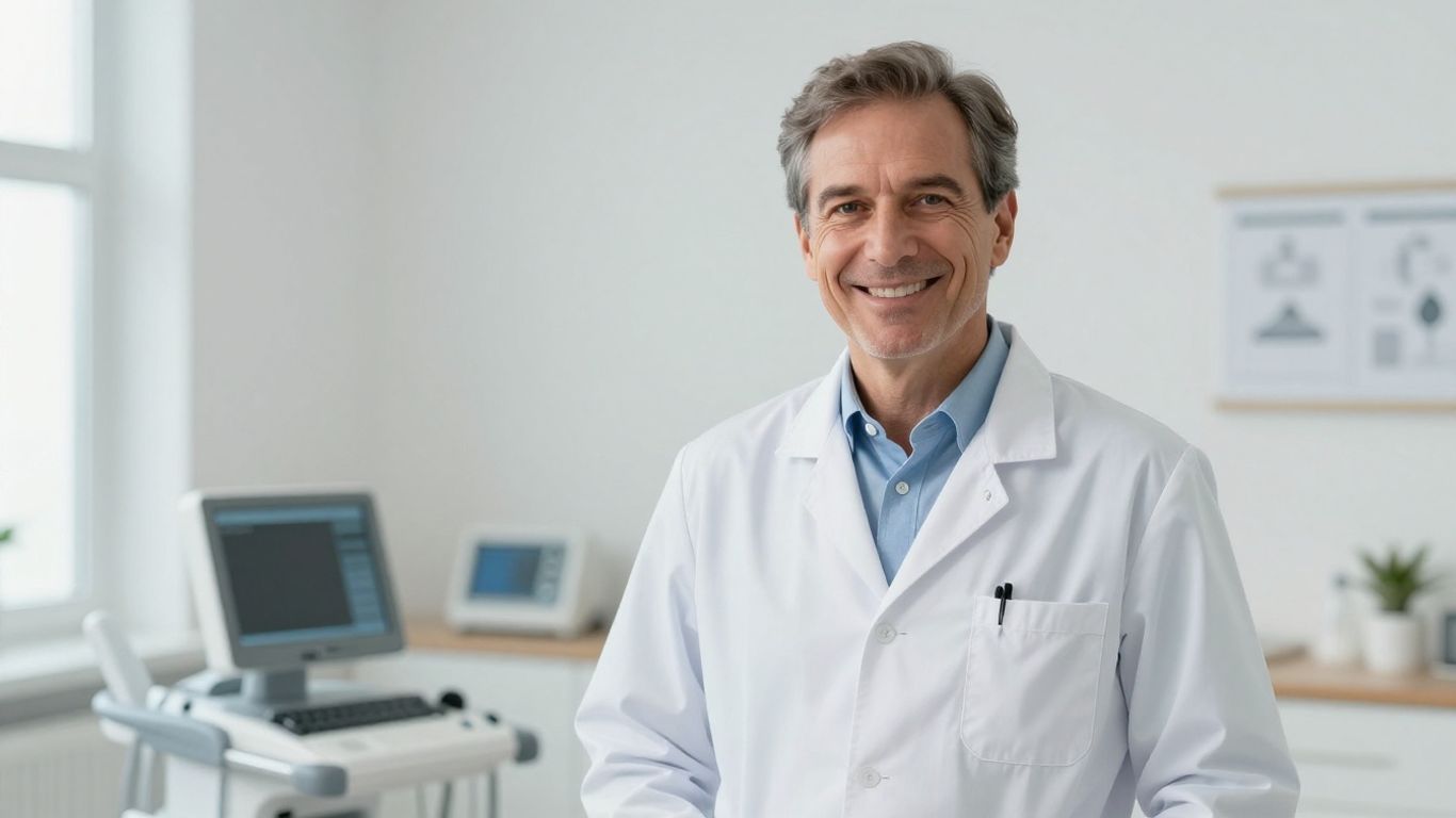 Arzt lächelt in heller, moderner Klinikumgebung.