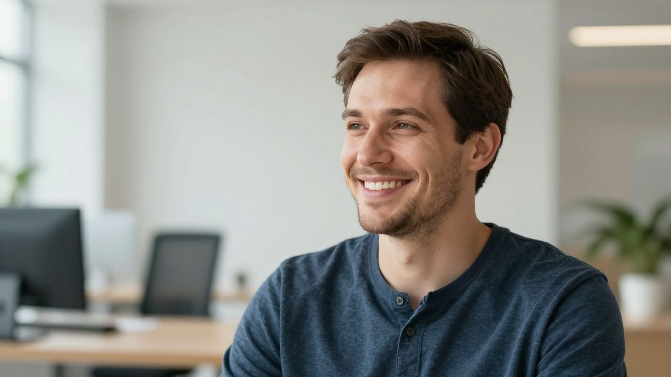 Lächelnde Person in hellem, modernem Umfeld.