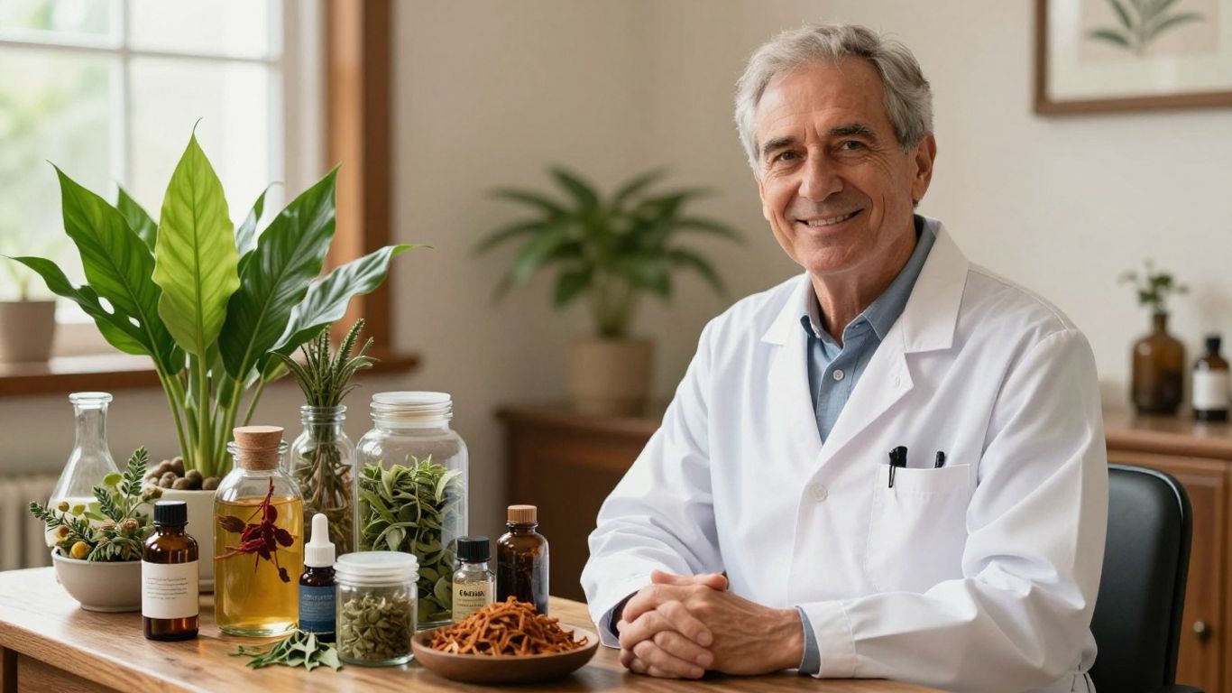 Arzt mit ayurvedischen Kräutern in hellem Raum