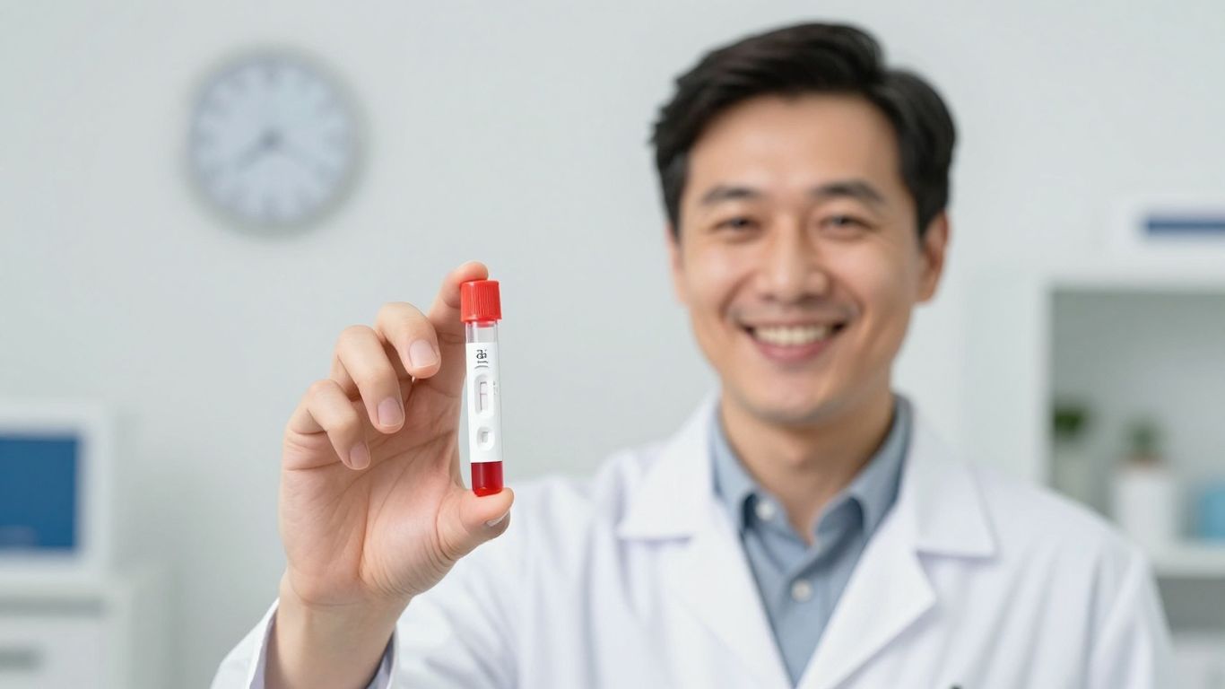Arzt lächelt, hält Teströhrchen für Darmkrebs-Schnelltest