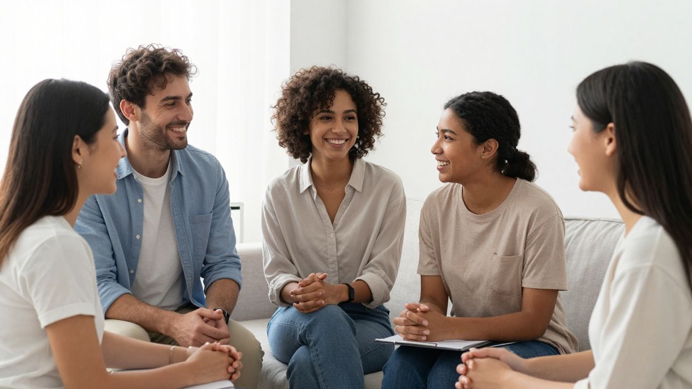 Europäische Menschen lächeln und interagieren positiv.