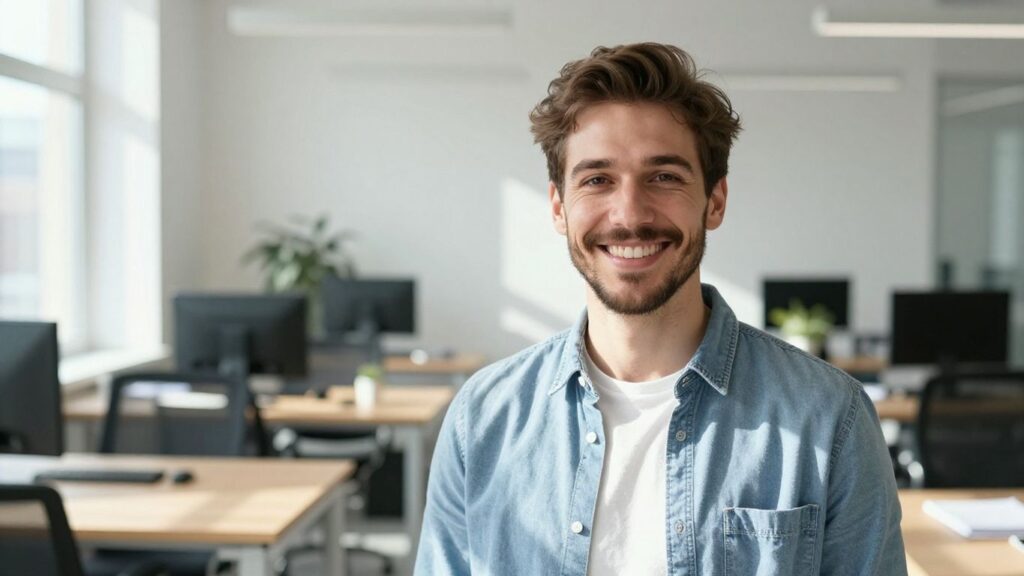 Lächelnde Person in hellem Büro