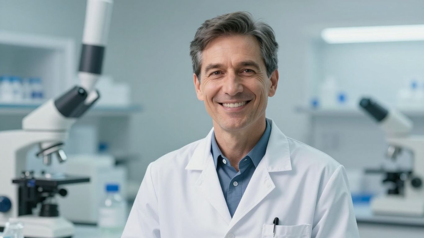 Arzt lächelt in hellem Labor, biologisches Alter