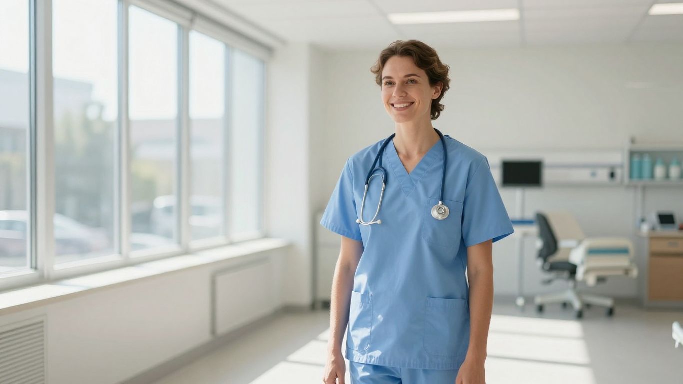 Lachende Person in hellem, modernem Krankenhauszimmer.
