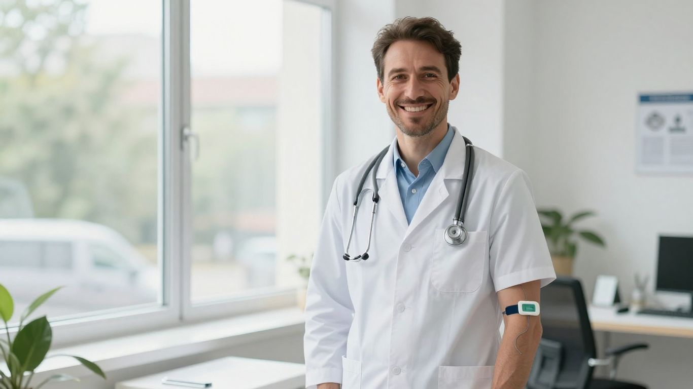 Europäischer Arzt mit Glukosesensor, freundlich lächelnd im Klinikraum.