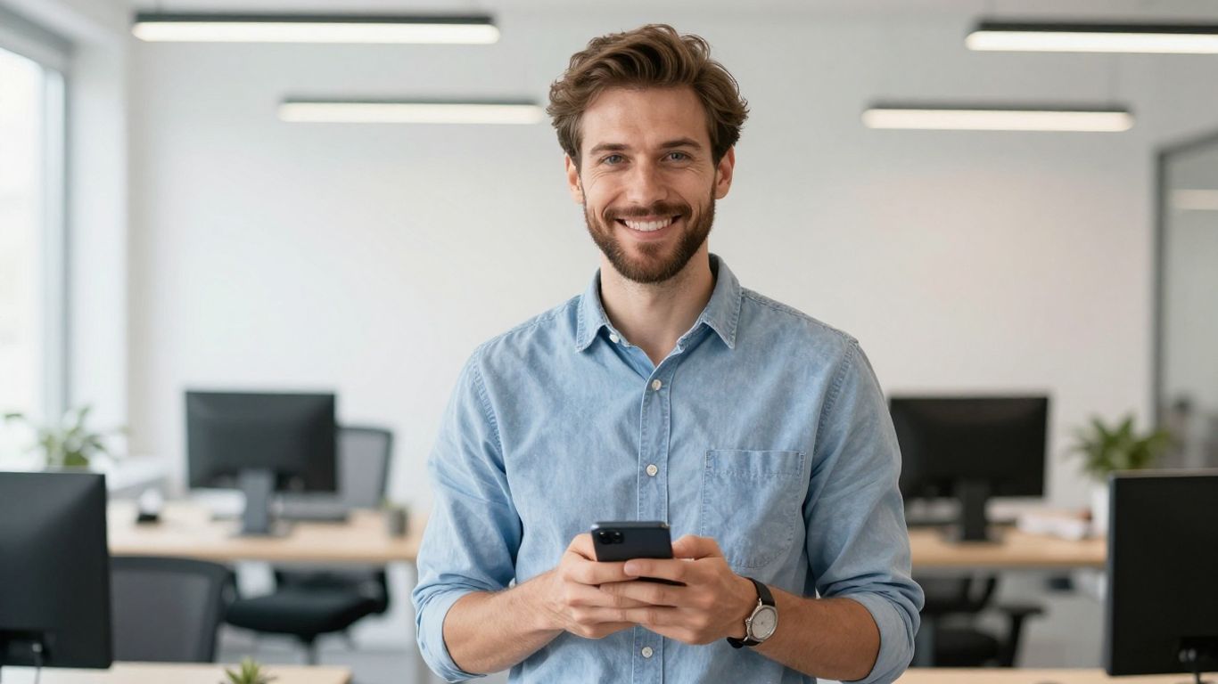 Lächelnde Person mit Smartphone in modernem Büro