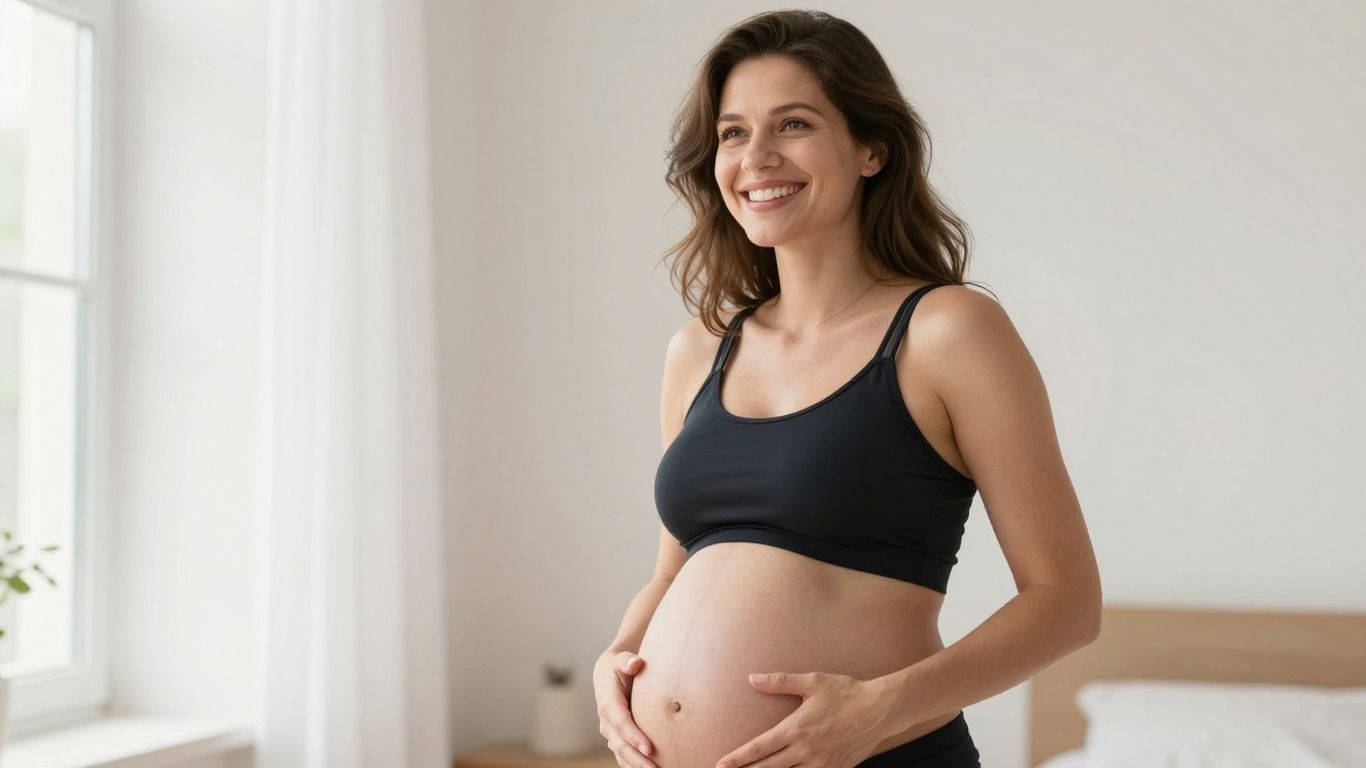 Schwangere Frau berührt ihren Bauch, lächelt glücklich.