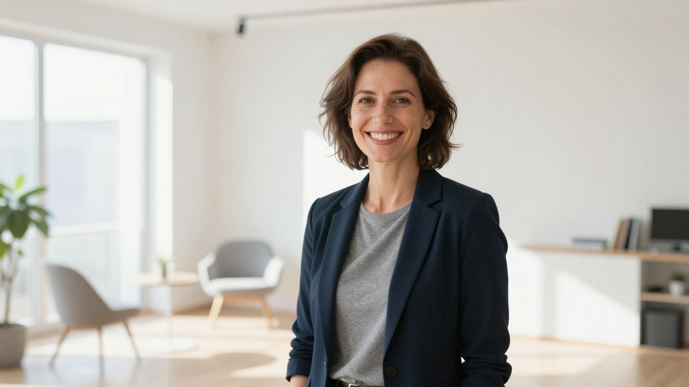Lächelnde Person in hellem, modernem Umfeld