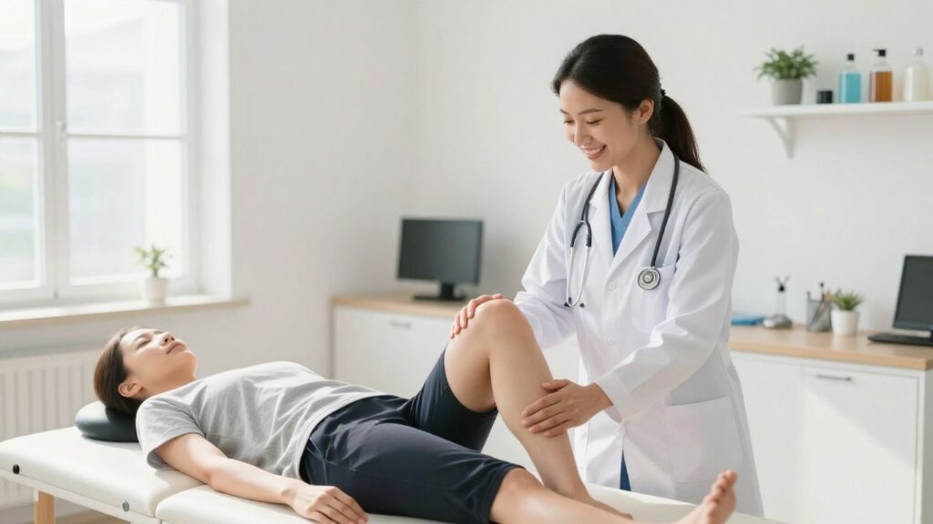 Arzt lächelt, Patient macht Krankengymnastik