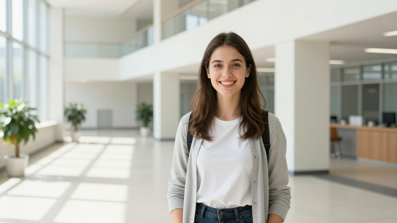 Glückliche Studentin blickt optimistisch in die Zukunft