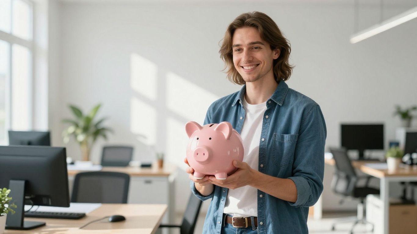 Europäer mit Sparschwein in hellem Büro