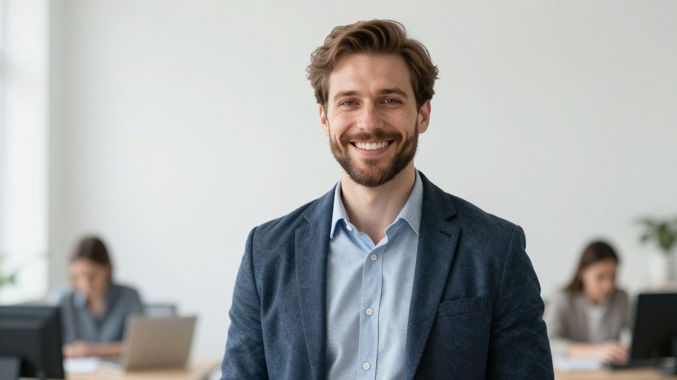 Lächelnde Person in hellem, modernem Umfeld