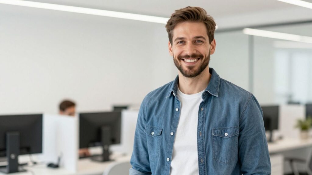 Lächelnde Person in hellem Büro