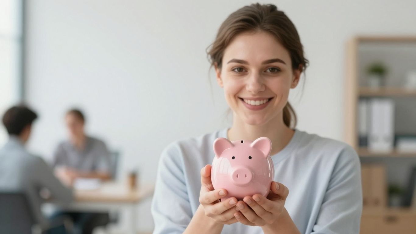 Person mit Sparschwein in hellem Büro