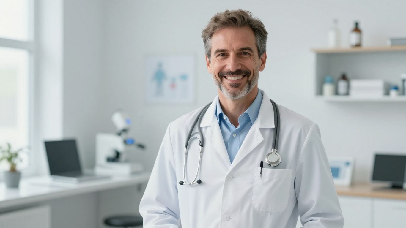 Arzt lächelt, medizinische Untersuchung, Diabeteskontrolle