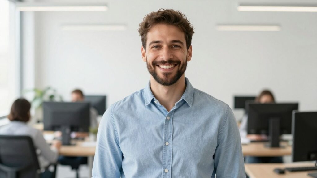 Lächelnder Europäer in hellem, modernem Büro.
