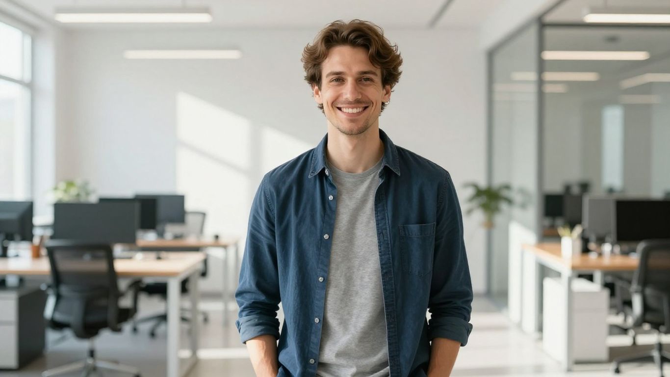 Glückliche Person in hellem, modernem Umfeld