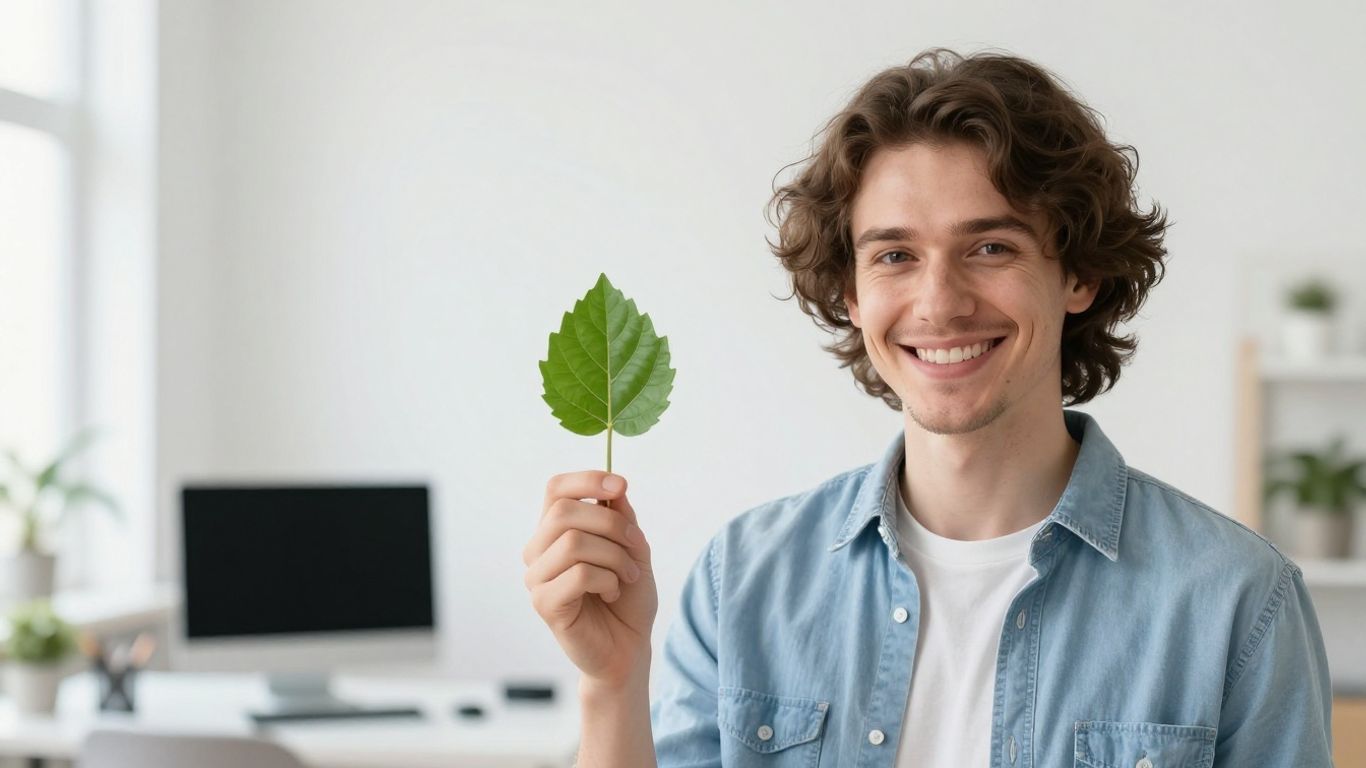 Glückliche Person mit Blatt in modernem Büro