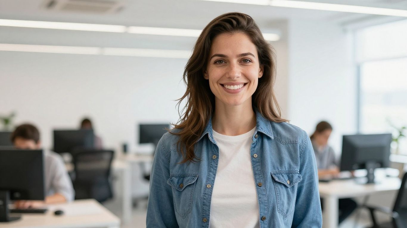 Lachende Person in hellem Büro