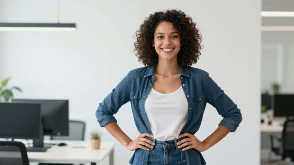 Lachende Person in hellem Büro