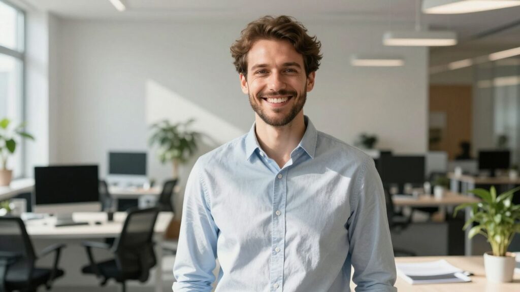 Lächelnde Person in hellem, modernem Umfeld.