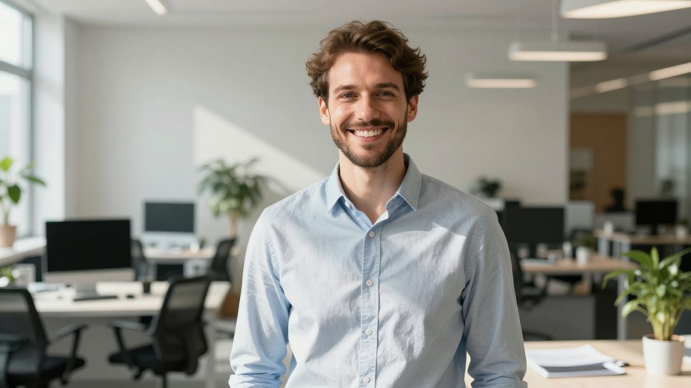 Lächelnde Person in hellem, modernem Umfeld.
