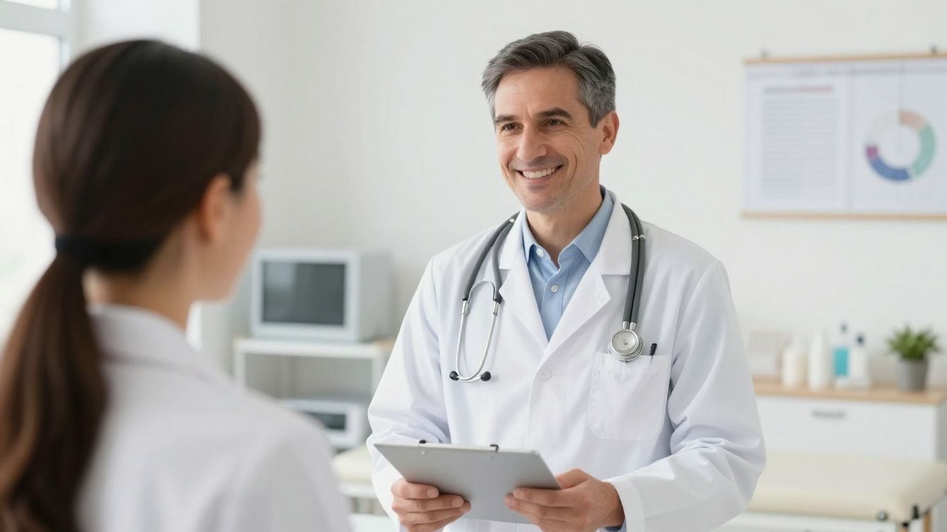 Arzt lächelt in heller Umgebung, Gesundheit und Wohlbefinden