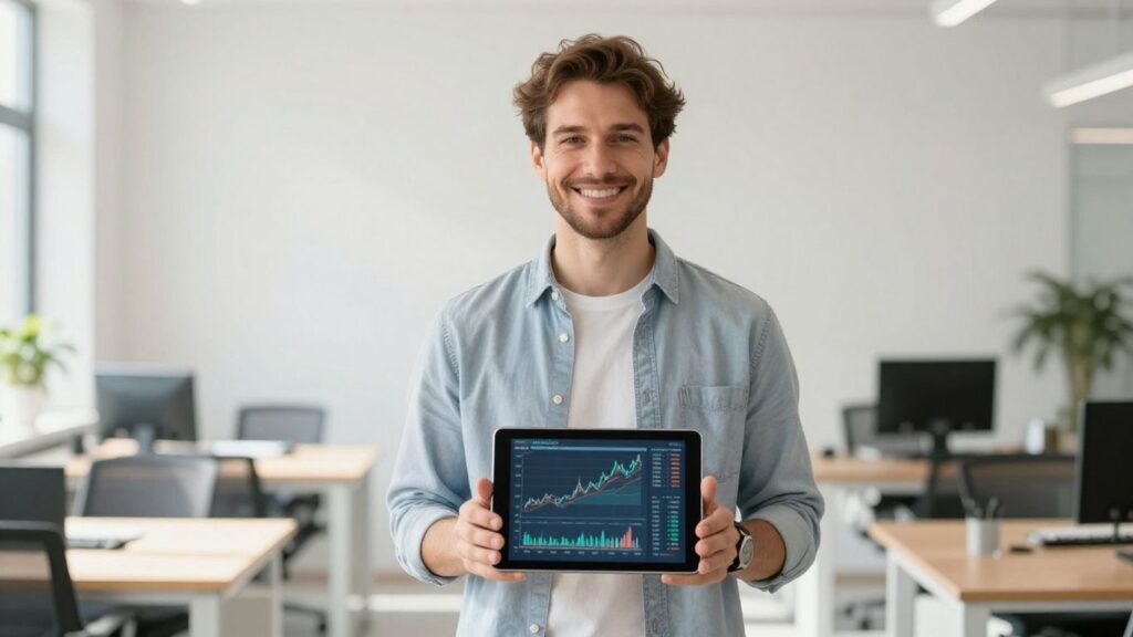 Europäischer Mensch mit Tablet in hellem Büro