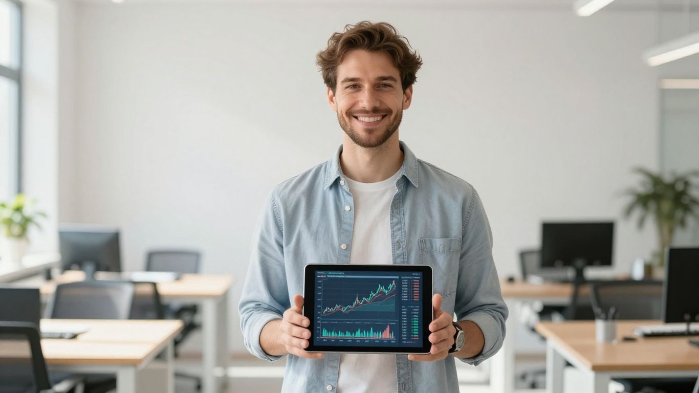 Europäischer Mensch mit Tablet in hellem Büro