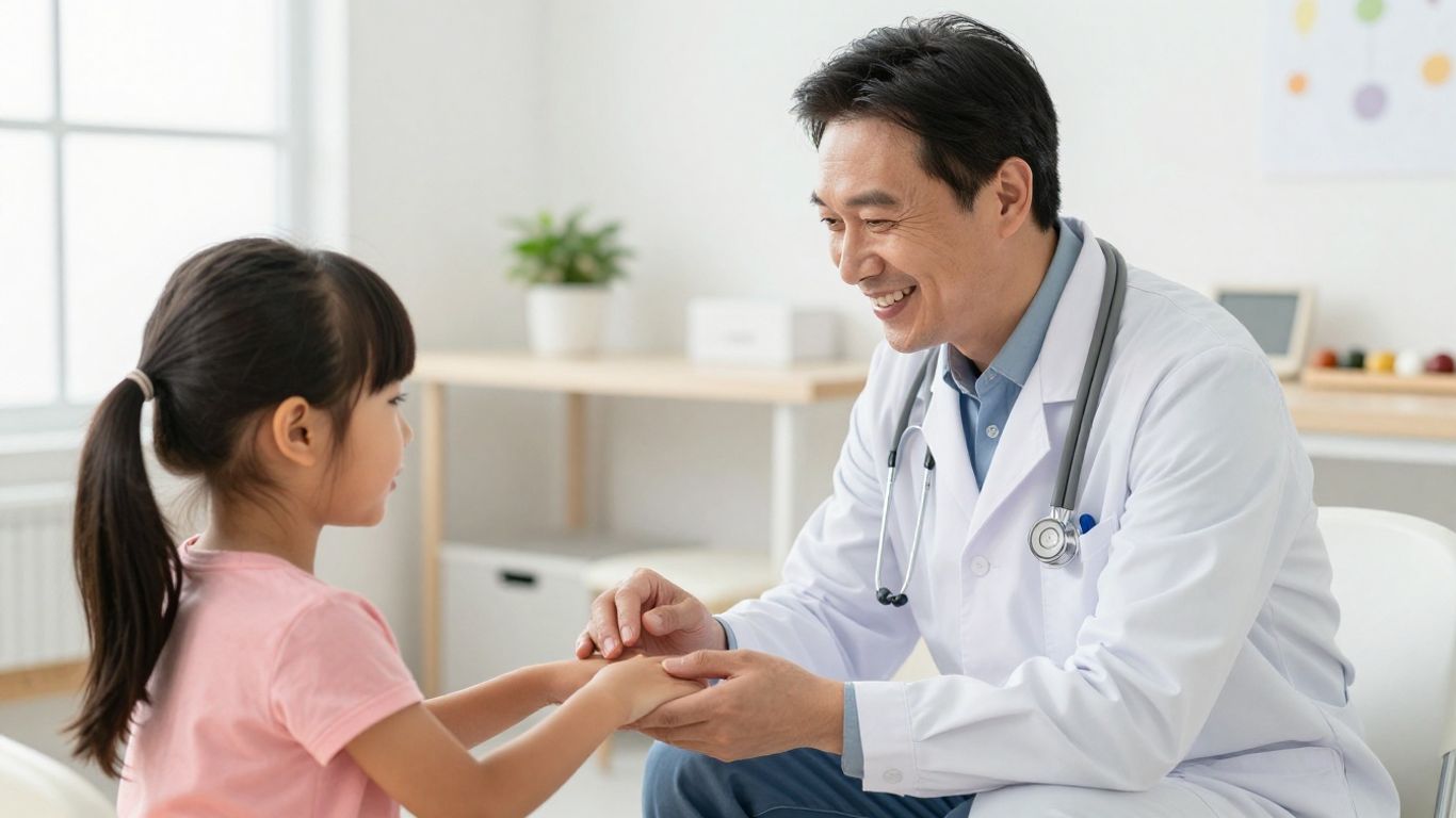Arzt lächelt mit Kind bei Sprachtherapie