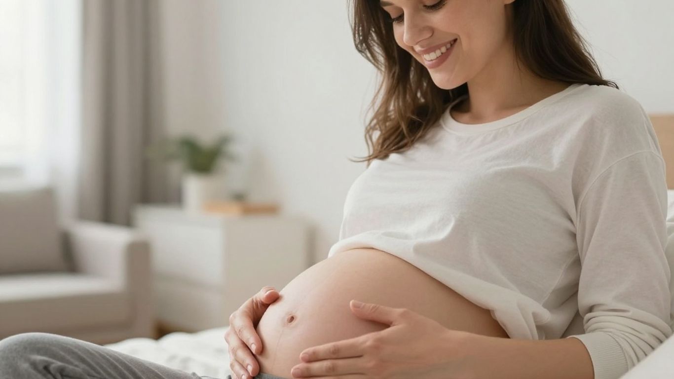 Glückliche schwangere Frau berührt ihren Bauch