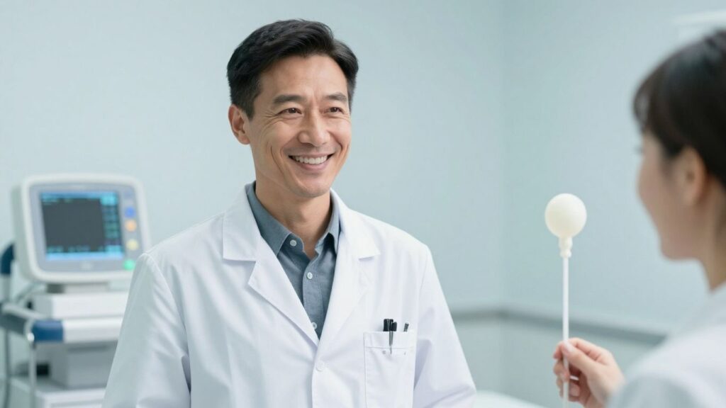 Arzt lächelt neben medizinischem Gerät für Ballon-Angioplastie.