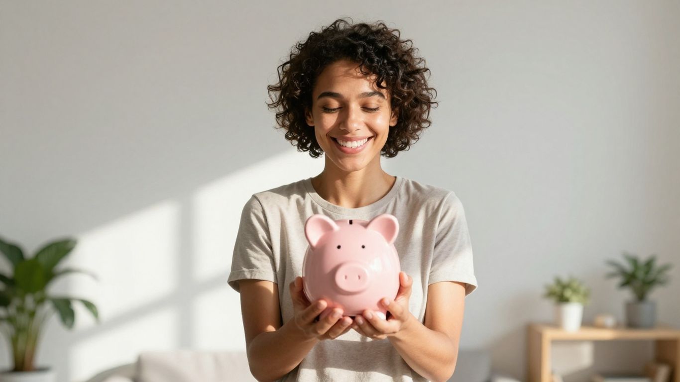 Lächelnde Person mit Sparschwein in hellem Raum