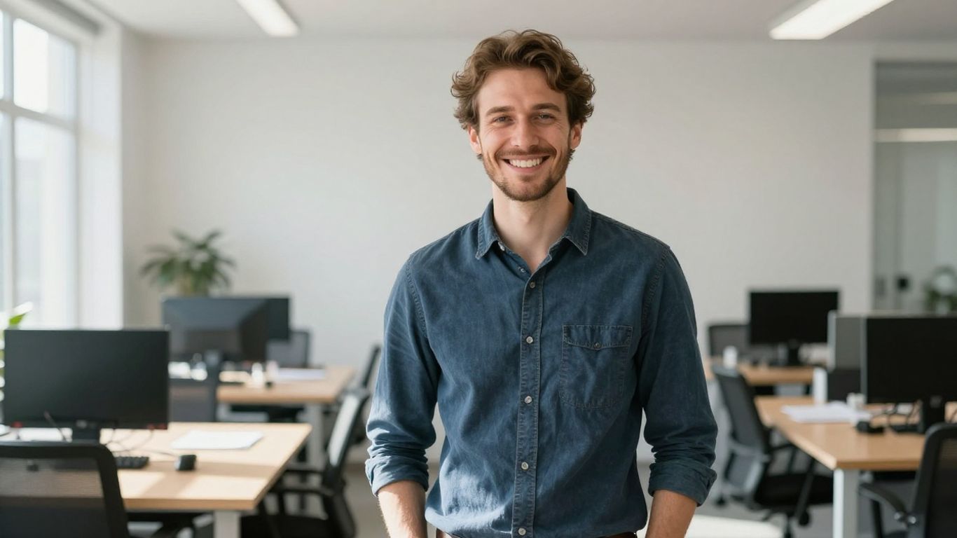 Lächelnde Person in hellem, modernem Umfeld