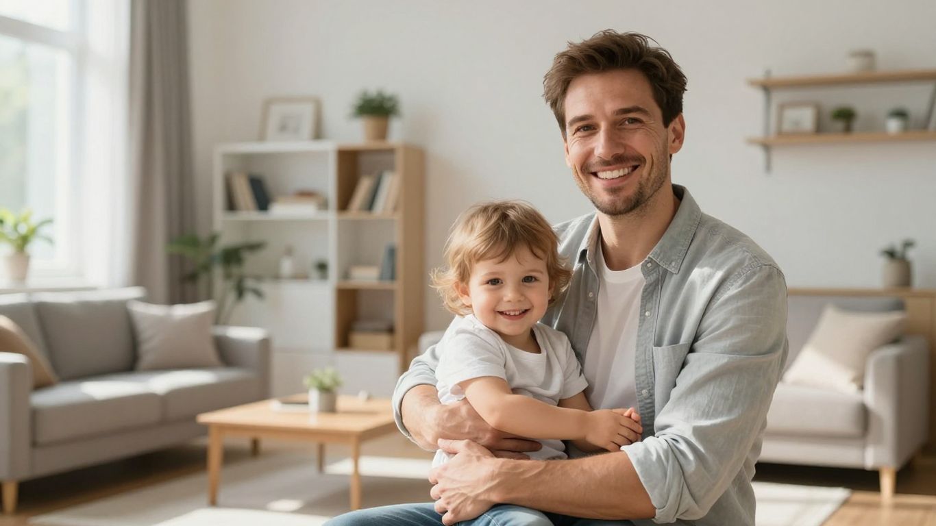 Glückliche Familie im hellen Wohnzimmer