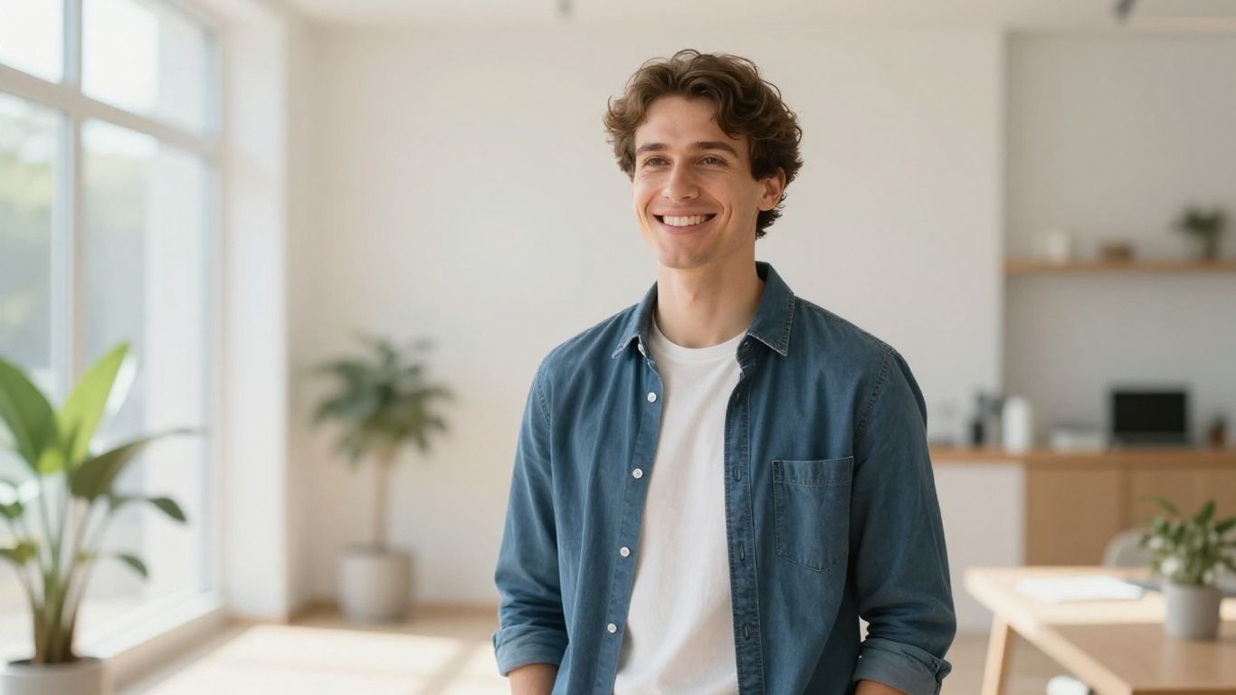 Lächelnde Person in hellem, modernem Umfeld