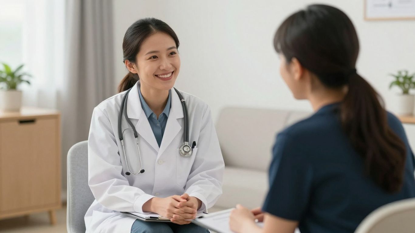 Arzt im Gespräch mit Patient in heller Praxis
