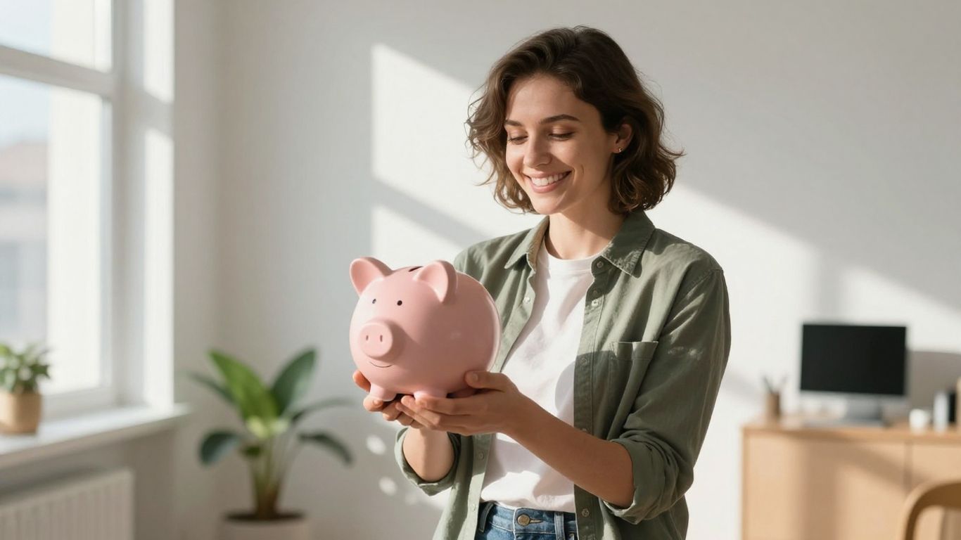 Glückliche Person mit Sparschwein in hellem Raum