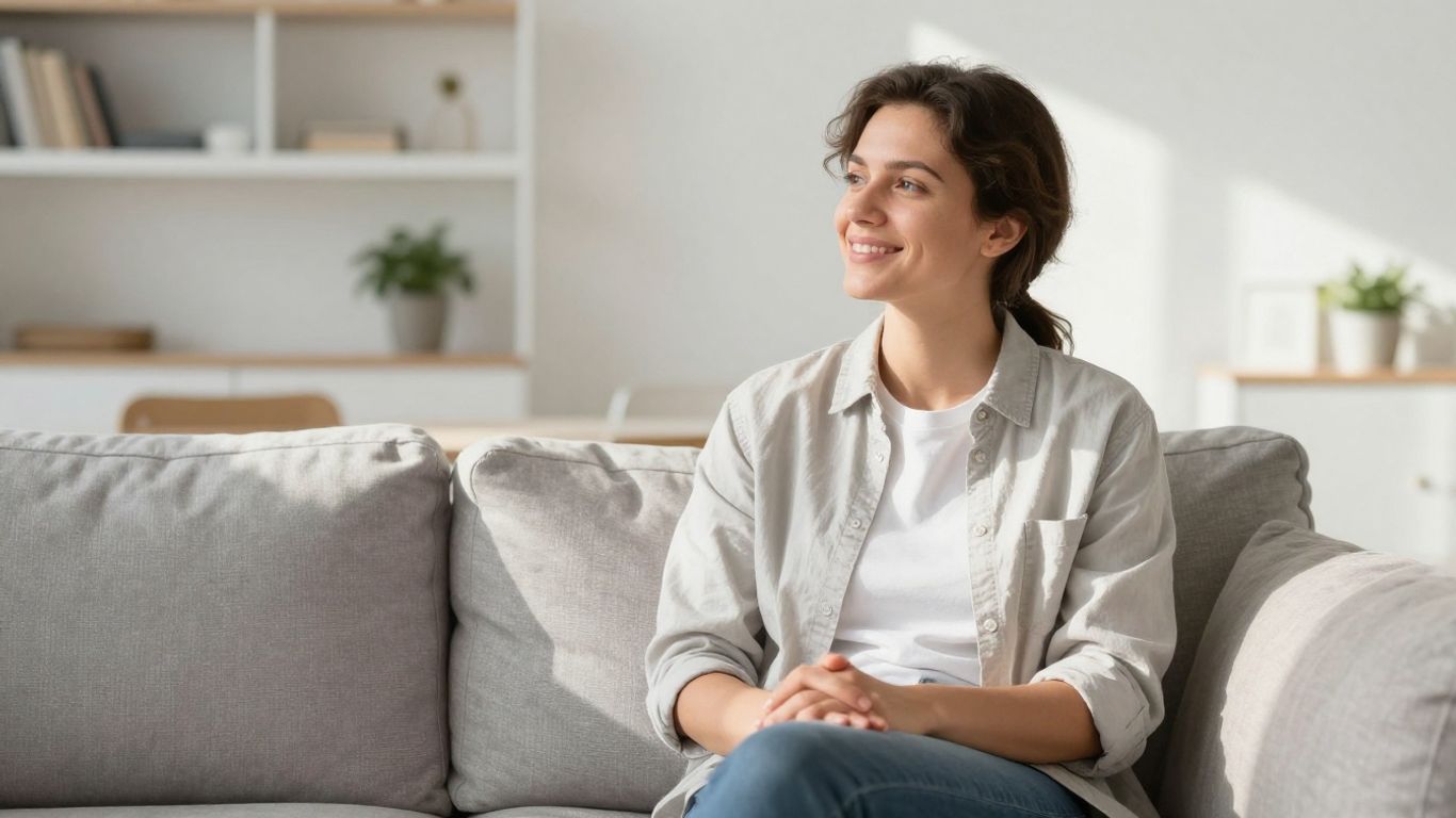 Glückliche Familie in hellem Wohnzimmer