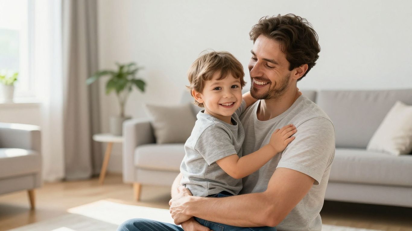 Glückliche Familie in hellem Wohnzimmer