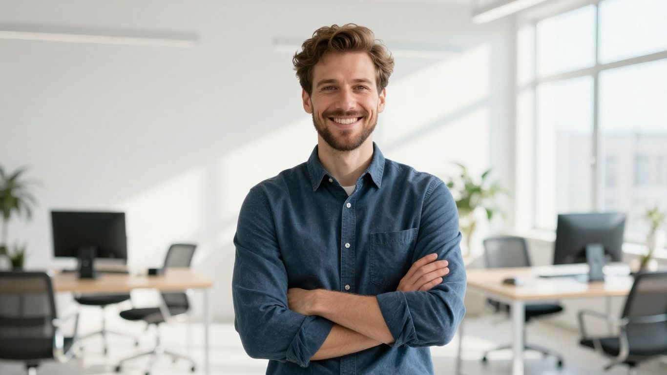 Freiberufler lächelt in hellem, modernem Büro