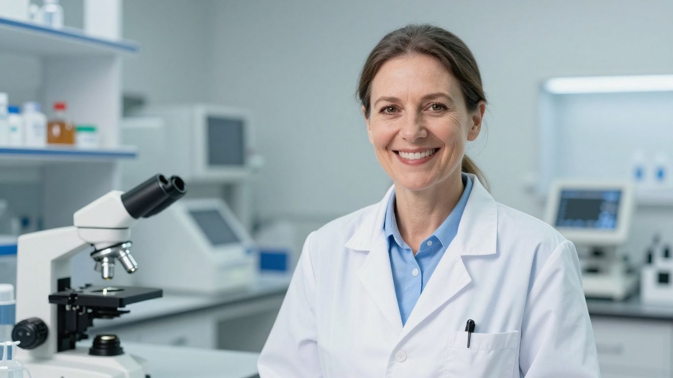 Arzt lächelt in heller Laborumgebung mit Mikroskopie-Ausrüstung.
