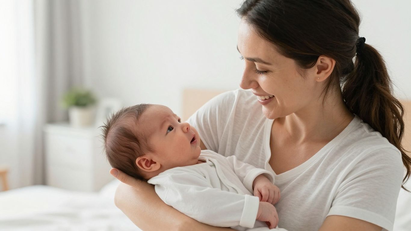 Eltern mit Neugeborenem in hellem, modernem Zuhause